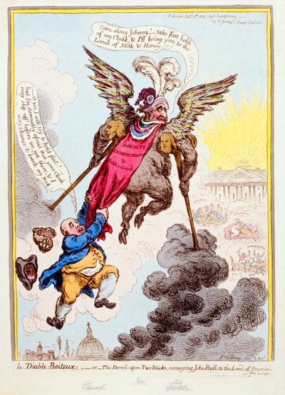 Le Diable-Boiteux, eller Djävulen på två pinnar som förmedlar John Bull till det löftes land, utgiven av Hannah Humphrey 1806 (handfärgad etsning) av James Gillray
