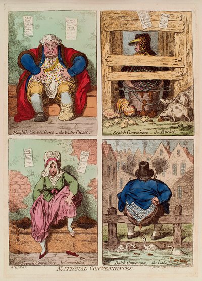 Nationella varor. (beskrivning och jämförelse av toaletter i England, Skottland, Frankrike och Holland). Verk av James Gillray (1757-1815), gravyr och akvarell av James Gillray