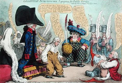 Lilliputian-Substitutes, Equipping for Public Service, utgiven av Hannah Humphrey 1801 (handkolorerad etsning) av James Gillray