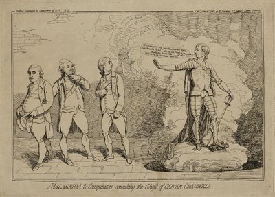 Malagrida and Conspirators, Consulting the Ghost of Oliver Cromwell, publicerad 10 juni 1782 (etsning på lagt papper inlagt på vävt papper) av James Gillray