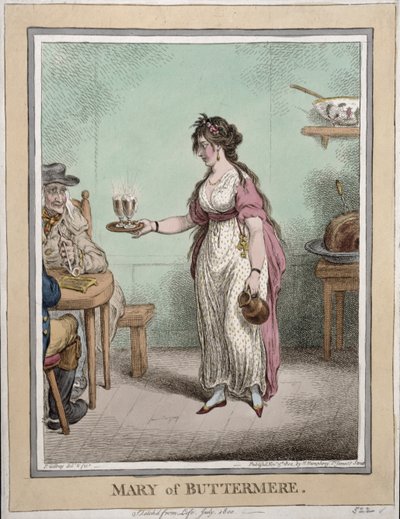 Mary of Buttermere, skissad från livet i juli 1800, publicerad av Hannah Humphrey 1802 (handkolorerad etsning) av James Gillray