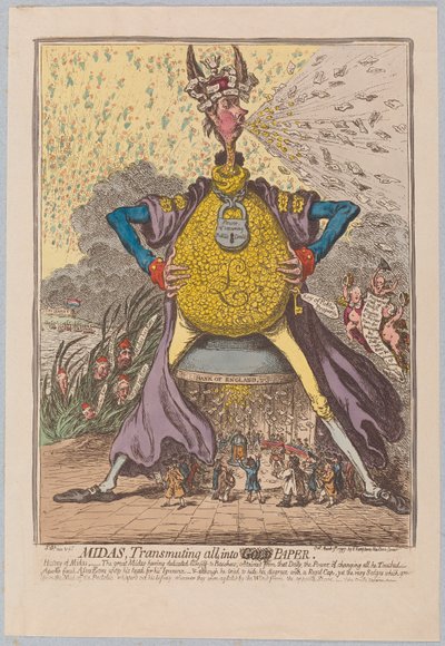 Midas, Transmuting all into [Gold] Paper, pub. 1797 (handfärgad gravyr) av James Gillray