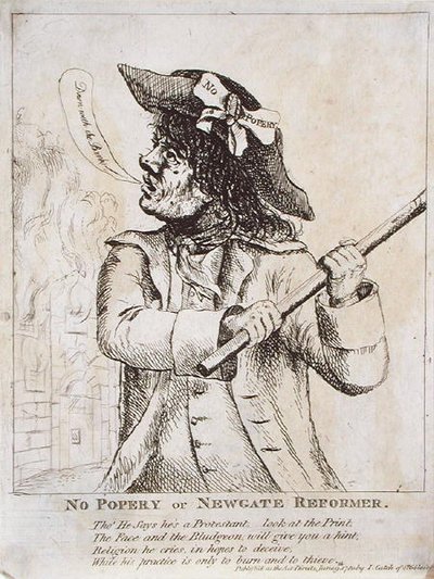 No Popery, or Newgate Reformer: möjligen har Ned Dennis en "No Popery"-tjänst i hatten med Newgate Prison i lågor bakom av James Gillray
