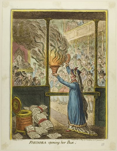 Pandora öppnar sin ask av James Gillray