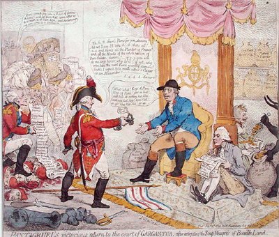 Pantagruels segerrika återkomst till hovet i Gargantua efter att ha utrotat Soup-Meagres of Bouaille Land, publicerad av Hannah Humphrey 1794 (handfärgad etsning) av James Gillray