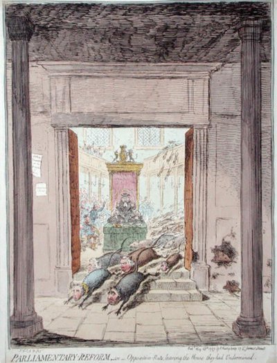 Parliamentary Reform, or Opposition Rats leaving the House they had Undermined, utgiven av Hannah Humphrey 1797 (handkolorerad etsning) av James Gillray