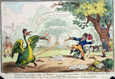 Patrioter som bestämmer en hederspunkt! eller En exakt representation av Rencontre som ägde rum i Coombe Wood den 2 maj 1807 mellan Little Paul the Taylor och Sir Francis Goose, publicerad av Hannah av James Gillray