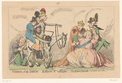 Pitt som Don Quijote skrämmer Katarina den stora, 1791 Tämja smusspetsen:- Katharine & Petruchio: - den moderna Quixotten, eller vad du vill (titel på objekt) av James Gillray