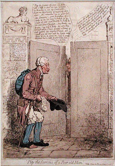 Pity the Sorrows of a Poor Old Man, utgiven av Hannah Humphrey 1796 (handkolorerad etsning) av James Gillray