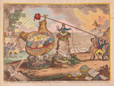 Politiska matematiker Shaking the Board botten halvklot, pub. 1807 (handfärgad gravyr) av James Gillray
