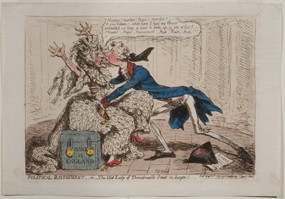 Political Ravishment, eller The Old Lady of Threadneedle Street i fara!, publicerad av Hannah Humphrey, 1797 (handfärgad etsning) av James Gillray