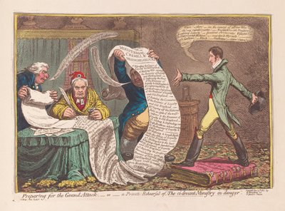 Förbereder för den stora attacken, eller en privat repetition av The ci-devant Ministry in Danger, pub. 1801 (handfärgad gravyr) av James Gillray