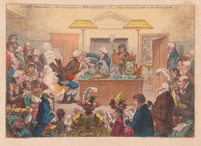 Vetenskapliga undersökningar! Nya upptäckter i Pneumaticks! Eller en experimentell föreläsning om Powers osf Air, pub. 1802 (handfärgad gravyr) av James Gillray