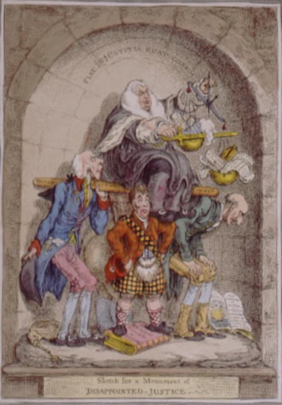 Skiss till ett monument över besviken rättvisa, utgiven av Hannah Humphrey 1806 (handkolorerad etsning) av James Gillray