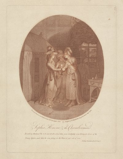 Sophia, Honour, and the Chambermaid, scen från Tom Jones av Henry Fielding (1707-54) (stippstick) av James Gillray