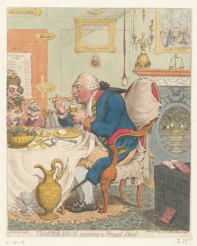 Spotprent op George III, 1792 Nykterhet som njuter av en sparsam måltid (titel på objekt) av James Gillray