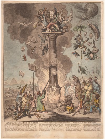 Tecknad film om den franska expeditionen till Egypten, 1799 Siege de la Colonne de Pompee / Science in the pillory (titel på objekt) av James Gillray