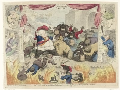 Tecknad film om paniken bland patrioterna efter stadhållaren William Vs tillfrisknande, 1787 Amsterdam i en fördämd situation, - eller - The Last Scene of the Republican Pantomime (titel på objekt) av James Gillray