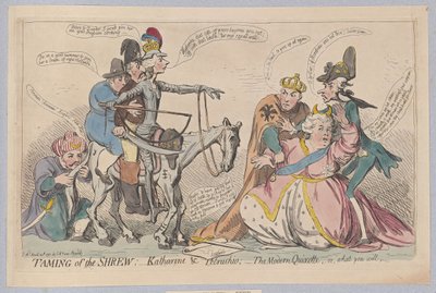 Att tämja snäppen: Katherine & Petruchio; The Modern Quixotte, eller vad du vill, pub. 1791 (handfärgad gravyr) av James Gillray