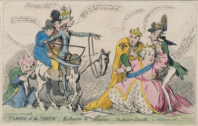Taming of the Shrew: Katherine und Petruchio, eller The Modern Quijote, utgiven av S.W. Fores 1791 (handfärgad etsning) av James Gillray