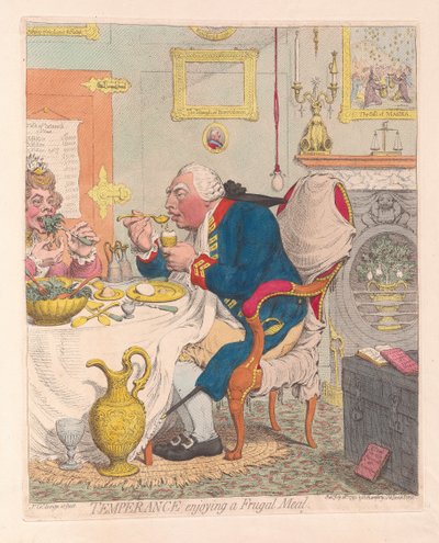 Temperance njuter av en sparsam måltid, pub. 1792 (handfärgad gravyr) av James Gillray