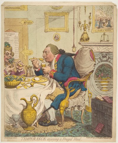 Måttlighet som njuter av en sparsam måltid, 28 juli 1792. av James Gillray