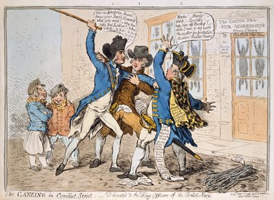 The Caneing in Conduit Street, publicerad av Hannah Humphrey, 1796 (handfärgad etsning) av James Gillray