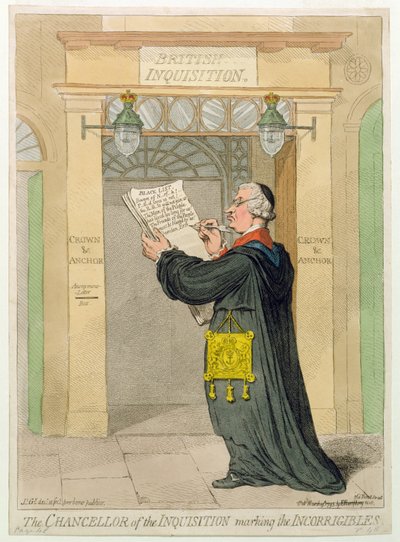 Inkvisitionens kansler som markerar de oförbätterliga, publicerad av Hannah Humphrey 1793 (handfärgad etsning) av James Gillray
