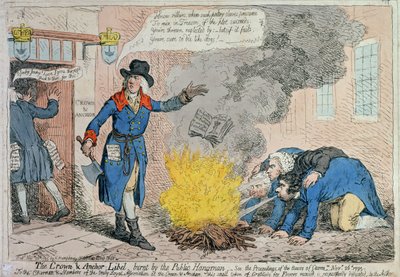 The Crown und Anchor Libel burnt by the Public Hangman, utgiven av Hannah Humphrey 1795 (handkolorerad etsning) av James Gillray
