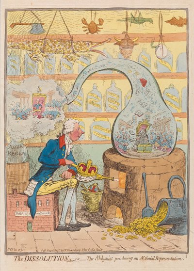 The Dissolution eller The Alchymist som producerar en eterisk representation, pub. 1796 (handfärgad gravyr) av James Gillray