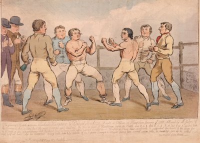 Den berömda striden mellan Richard Humphreys och Daniel Mendoza, 9 januari 1788, pub. 1788 (handfärgad gravyr) av James Gillray