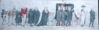 The Funeral Procession of Miss Regency, utgiven av S.W. Fores 1789 (handfärgad etsning) av James Gillray
