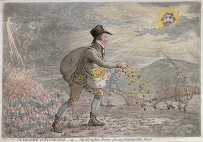 The Generae of Patriotism, eller The Bloomsbury Farmer som planterar Bedfordshire Wheat, publicerad av Hannah Humphrey 1796 (handfärgad etsning) av James Gillray