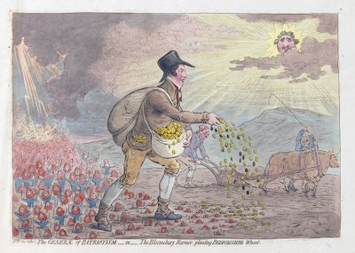 The Generae of Patriotism, eller The Bloomsbury Farmer som planterar Bedfordshire Wheat, pub. 1796 (handfärgad gravyr) av James Gillray
