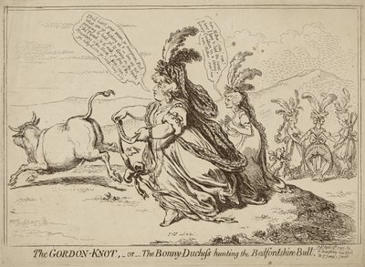 Gordon Knot eller The Bonny-Duchess Hunting the Bedfordshire Bull, publicerad 29 april 1797 (etsning på vävt papper) av James Gillray
