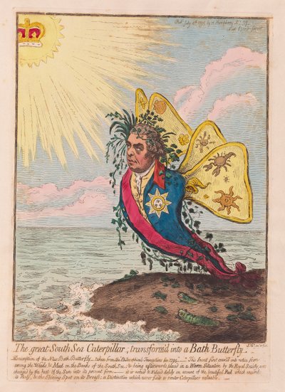 The Great South Sea Caterpillar, förvandlad till en Bath Butterfly, pub. 1792 (handfärgad gravyr) av James Gillray
