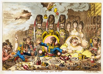 The Hand-Writing upon the Wall, pub. 1803 (handfärgad gravyr) av James Gillray