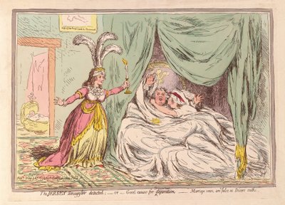 The Jersey Smuggler upptäckte, eller goda skäl för separation, äktenskapslöften är falska som Dicers eder, pub. 1796 (handfärgad gravyr) av James Gillray
