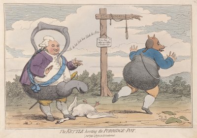 The Kettle Hooting the Porridge-Pot, pub. 1782 (handfärgad gravyr) av James Gillray