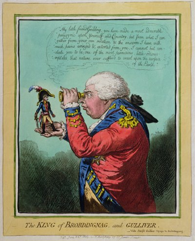 Kungen av Brobdingnag och Gulliver, utgiven av Hannah Humphrey 1803 (handkolorerad etsning) av James Gillray