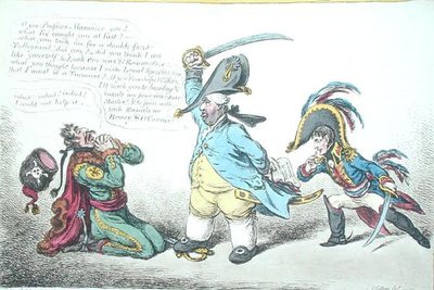 The Magnanimous Minister Chastising Preussian Perfidy, publicerad av Hannah Humphrey 1806 (handfärgad etsning) av James Gillray