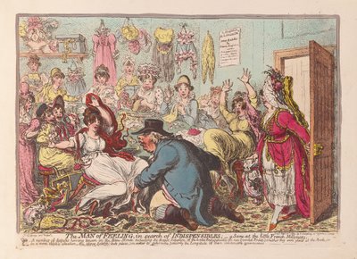 Känslans man på jakt efter oumbärliga varor; en scen på den lilla franska Milliners, pub. 1800 (handfärgad gravyr) av James Gillray
