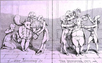 The Minister In - The Minister Out, publicerad av William Humphrey 1782 (etsning) av James Gillray