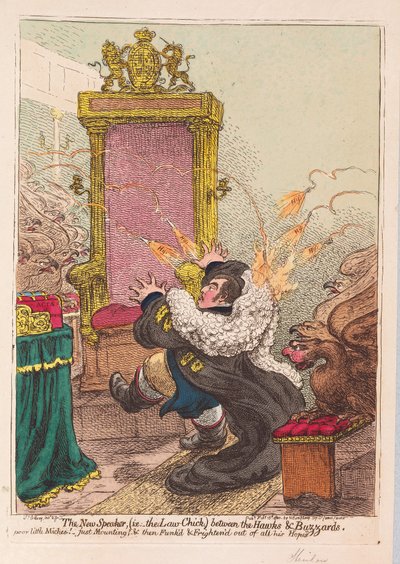 The New Speaker, (dvs. Law-Chick) mellan Hawks och Buzzards, pub. 1800 (handfärgad gravyr) av James Gillray