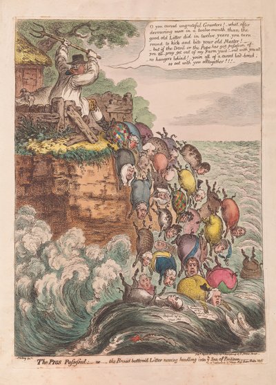 The Pigs Possessed: eller den bredbottnade kullen som springer huvudstupa in i havet av fördärv, pub. 1807 (handfärgad gravyr) av James Gillray