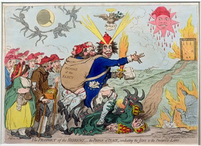 The Prophet of the Hebrews: the Prince of Peace conducting the Jews to the Promised Land, utgiven av Hannah Humphrey 1795 (handkolorerad etsning). av James Gillray