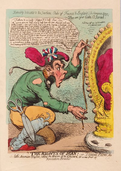 The Rights of Man, eller Tomm Paine, den lilla amerikanen Taylor tar mått på kronan för ett nytt par revolutionsbyxor, pub. 1791 (handfärgad gravyr) av James Gillray