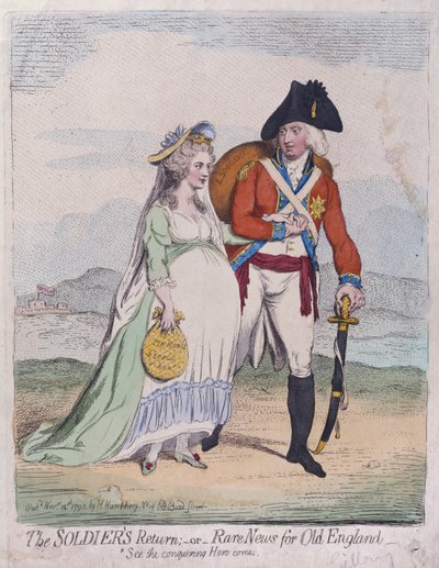 The Soldiers Return, eller Rare News for Old England, publicerad av Hannah Humphrey 1791 (handfärgad etsning) av James Gillray