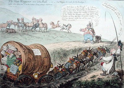 The State Wagoner och John Bull, eller The Waggon för mycket för åsnorna! publicerad av Hannah Humphrey 1804 (handfärgad etsning) av James Gillray