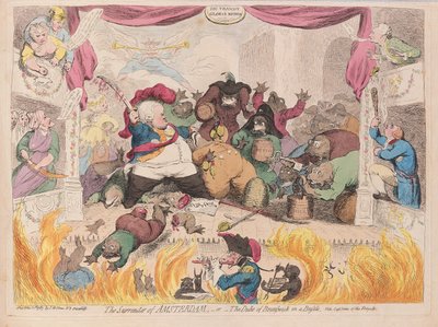 The Surrender of Amsterdam eller The Duke of Brunswick in a Bustle, pub. 1787 (handfärgad gravyr) av James Gillray